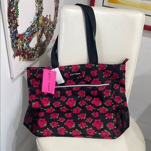 Betsey Johnson Black/Red/Green "Roses" Top Zip  Closure Nylon Tote Bag